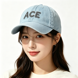 หมวกเบสบอลเดนิมฟอกสีอ่อนปักโลโก้ ACE แบบ OEM ODM สั่งทำได้ หมวกทรงวินเทจแบบไม่แข็ง ทรงแด๊ดแฮท สำหรับผู้หญิงผู้ชาย ขายส่ง พร้อมปักตัวอักษร - Product Image 1