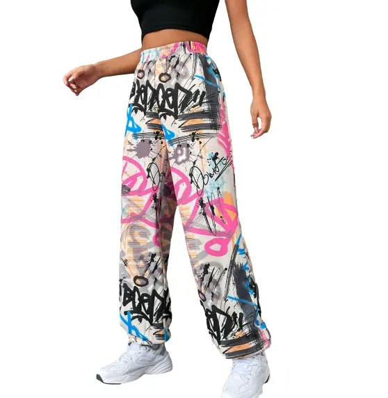 Pantalones de chándal de cintura alta con estampado de grafiti para mujer, holgados, de gran tamaño, Unisex, con cintura elástica, pantalones transpirables de tela de poliéster