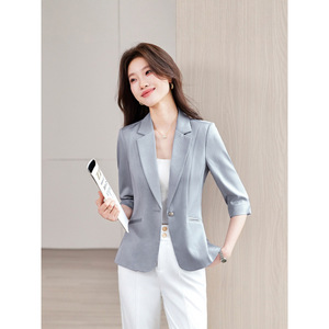 Women's Satin Blazer Solid Color Three Quarter Sleeve Slim Fit Spring Autumn Style With Pocket - Product Image 1