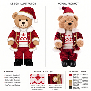 Burgundy Corduroy <b>Suit</b> Teddy Bear Standing Plush <b>Santa</b> Figure for Fireplace Mantel Christmas Decor - Product Image 3