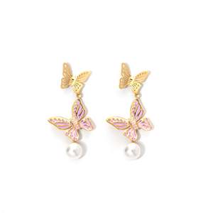 Boucles d'oreilles pendantes papillon plaqué or avec perles, bijoux élégants pour femme en acier inoxydable 316L - Product Image 1