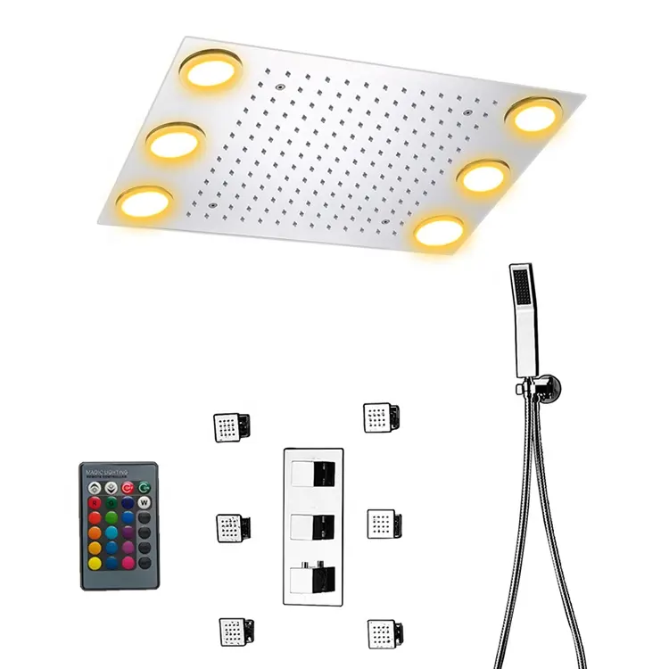 HM yağmur biçimli duş Set vücut spreyi LED ışıkları uzaktan kumanda renk 3 yollu duş sıcaklık termostatik mikser banyo 360*500mm