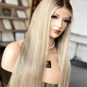 SHY Highlight Blonde Platinum Long Straight Lace Front Wig 100% Human Raw Hair for Women Glueless Wigs PrePlucked Blonde Colored