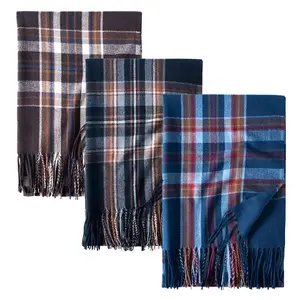 Easy Way Women Winter Black Camel Plaid Scarf Cashmere Soft Warm Knitted Woolen Neck Pashmina Print Big Shawl 180 x 65 cm