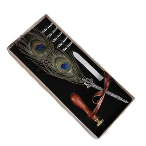 Europea-stil Gothic Vintage Natürliche Pfau Feder Metall Stem Nibbed Schreiben Quill Dip Stift Kalligraphie Stift