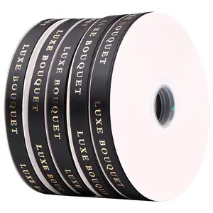 Luxury Popular Width Glossy Black Polyester Satin Ribbon With Shiny Foil Gold Hot Stamping Customized Company Logo Ribbon
