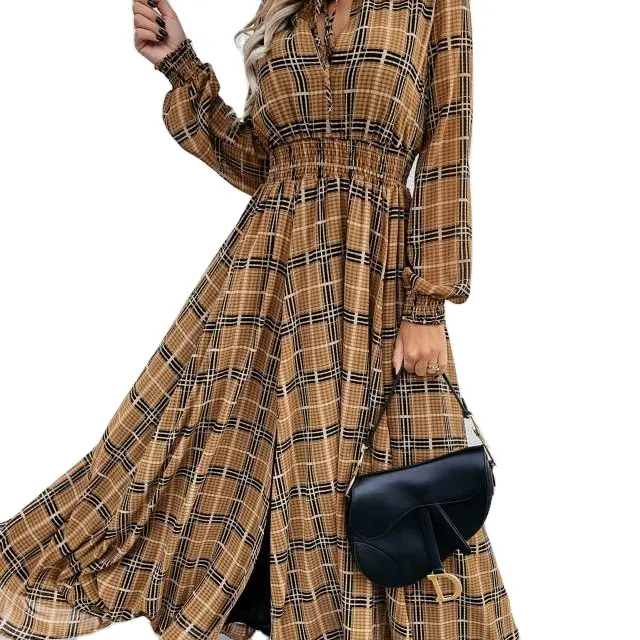2021 가을/겨울 새로운 유럽과 미국 스타일의 인쇄 긴 소매 허리 슬릿 드레스