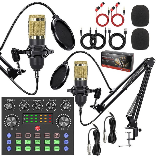 Two Person Podcast Microphone Kit BM800 Condenser Mic V8S Audio Interface Bundle Streaming Recording Studio Set for PC Phone