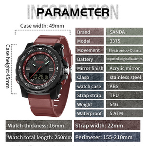 Reloj SANDA 3375 para Hombre, Reloj Electrónico Deportivo de Moda para Exteriores, Reloj de Pulsera Luminoso con Doble Pantalla Resistente al Agua - Product Image 2