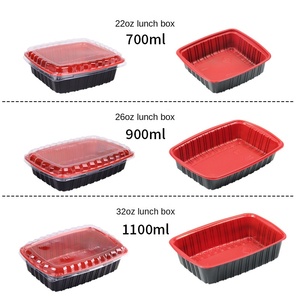 Boîte à lunch rectangulaire jetable rouge et noire de 22 oz, qualité alimentaire commerciale, avec couvercle OPS, 700 ml, en PP épais, pour sandwichs, salades, pains, qualité export - Product Image 2