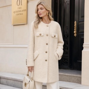 <span class=keywords><strong>Manteau</strong></span> mi-long en laine pour <span class=keywords><strong>femme</strong></span>, style Teddy, col rond, boutons dorés en relief, poches à double rabat, coupe ample, vêtement d'extérieur d'hiver - Product Image 1