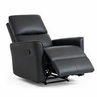 Fauteuil inclinable moderne en cuir noir avec structure en bois, accoudoirs incurvés réglables manuellement, fauteuil de salon