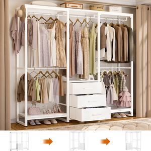 Porte-vêtements autoportant en bois robuste et moderne, étagère de rangement pour vêtements, organisateurs de placard en forme de L, grande capacité - Product Image 2