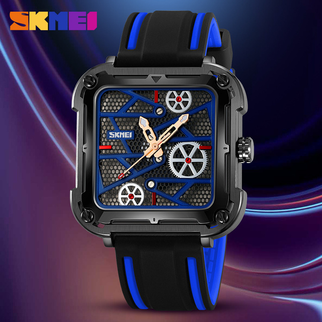 Skmei 9363 New square Hollow Creative Mechanical Wind Quartz Watch Sports Leisure Waterproof Silicone Belt Men's Watch