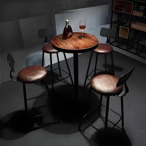 Taburete <span class=keywords><strong>de</strong></span> Bar Vintage <span class=keywords><strong>de</strong></span> Hierro con Mesa Redonda <span class=keywords><strong>de</strong></span> Madera Sólida para Bar <span class=keywords><strong>y</strong></span> Bistro - Product Image 1