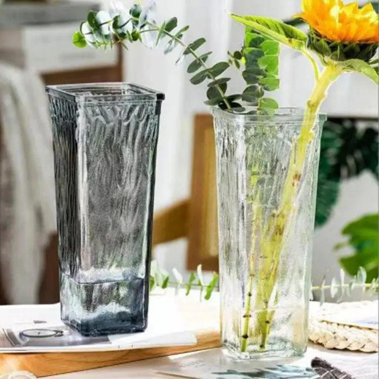 Nordic Elegant Square Clear Grey Blue Hydroponic Tabletop Glass Cube Flower Vases for Wedding Center