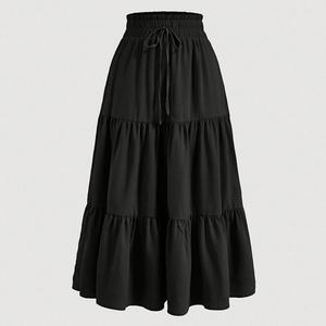 Jupe midi évasée décontractée en mousseline de soie, style bohème européen et américain, taille naturelle, superpositions fluides, couleur unie, collection été 2025 - Product Image 1