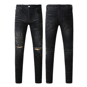 <span class=keywords><strong>Jeans</strong></span> da <span class=keywords><strong>Uomo</strong></span> di Qualità, <span class=keywords><strong>Neri</strong></span> Lavati, Strappati, Slim Fit, Stile Hip Hop, con Dettagli Distressed Fatti a Mano e Patch in Cristallo - Product Image 1