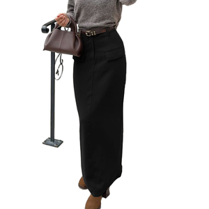 Women's High Waist Black Straight Ankle-Length <b>Skirt</b> Pockets Minimalist Style Breathable <b>Summer</b> Polyester Spandex Blend - Product Image 1