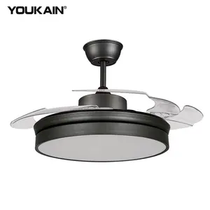 42 inch black fan transparent invisible blades 40w 220v led CCT retractable blades ceiling fan with light