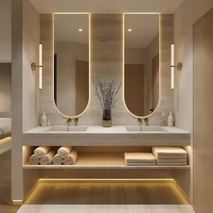 Mueble de Baño de Lujo Personalizado al por Mayor, Color Beige, Montado en la Pared, con Lavabo Doble, Estantes Abiertos y Espejo Ovalado LED Inteligente Antivaho - Product Image 1
