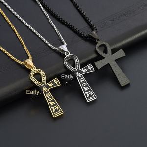 Collar de Acero Inoxidable con Colgante de Cruz Anka, Símbolo Egipcio Antiguo Retro para Hombre, Estilo Europeo Americano, con Diamantes y Bambú - Product Image 1