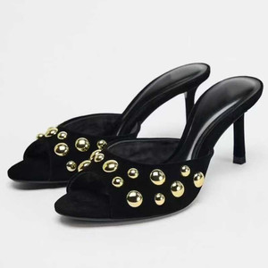 Faux Suede Sandals with Rivet Embellishments Slip-On <b>Open</b> <b>Back</b> Women Stiletto Heels Sandals Mule <b>Shoes</b> for Ladies - Product Image 1