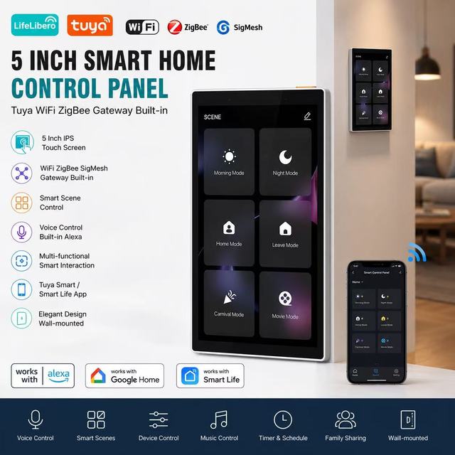 LifeLibero 5 Inch Smart Home Control Panel Tuya WiFi ZigBee Gateway SigMesh Alexa Voice Control Touch Screen Smart Wall Panel
