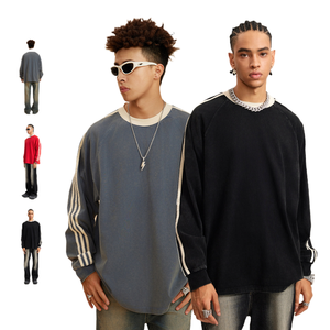 <span class=keywords><strong>2024</strong></span> Otoño Invierno lavado tres barras deportes hombro manga larga <span class=keywords><strong>Camiseta</strong></span> hombres suelta Color sólido - Product Image 1
