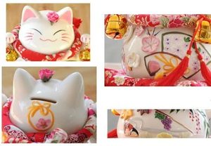Maneki Neko - <span class=keywords><strong>Gatto</strong></span> Portafortuna Giapponese con Due Campanelli, <span class=keywords><strong>Salvadanaio</strong></span> in Porcellana Decorato - Product Image 2