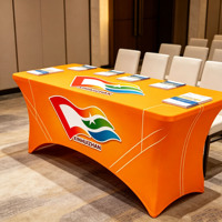 Housse de table extensible en spandex avec logo personnalisé par sublimation, résistante aux taches, en polyester, pour salon professionnel et événement marketing