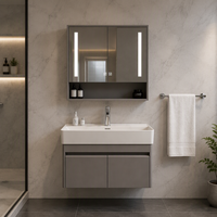 Ensemble de meuble-lavabo double vasque moderne en acier inoxydable avec vasque en céramique, miroir LED intelligent résistant à l'eau pour hôtel