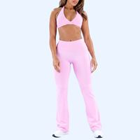 Set Yoga 2 Potong Wanita Terlaris, Pakaian Olahraga Sensasi Nude, Atasan Halter Tanpa Punggung & Legging Melebar Bahan Nylon/Spandex, Set Fitness Gym