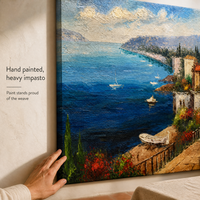 Peinture à l'huile peinte à la main 60x50cm, paysage marin de village côtier méditerranéen, toile tendue sur châssis, art mural pour salon
