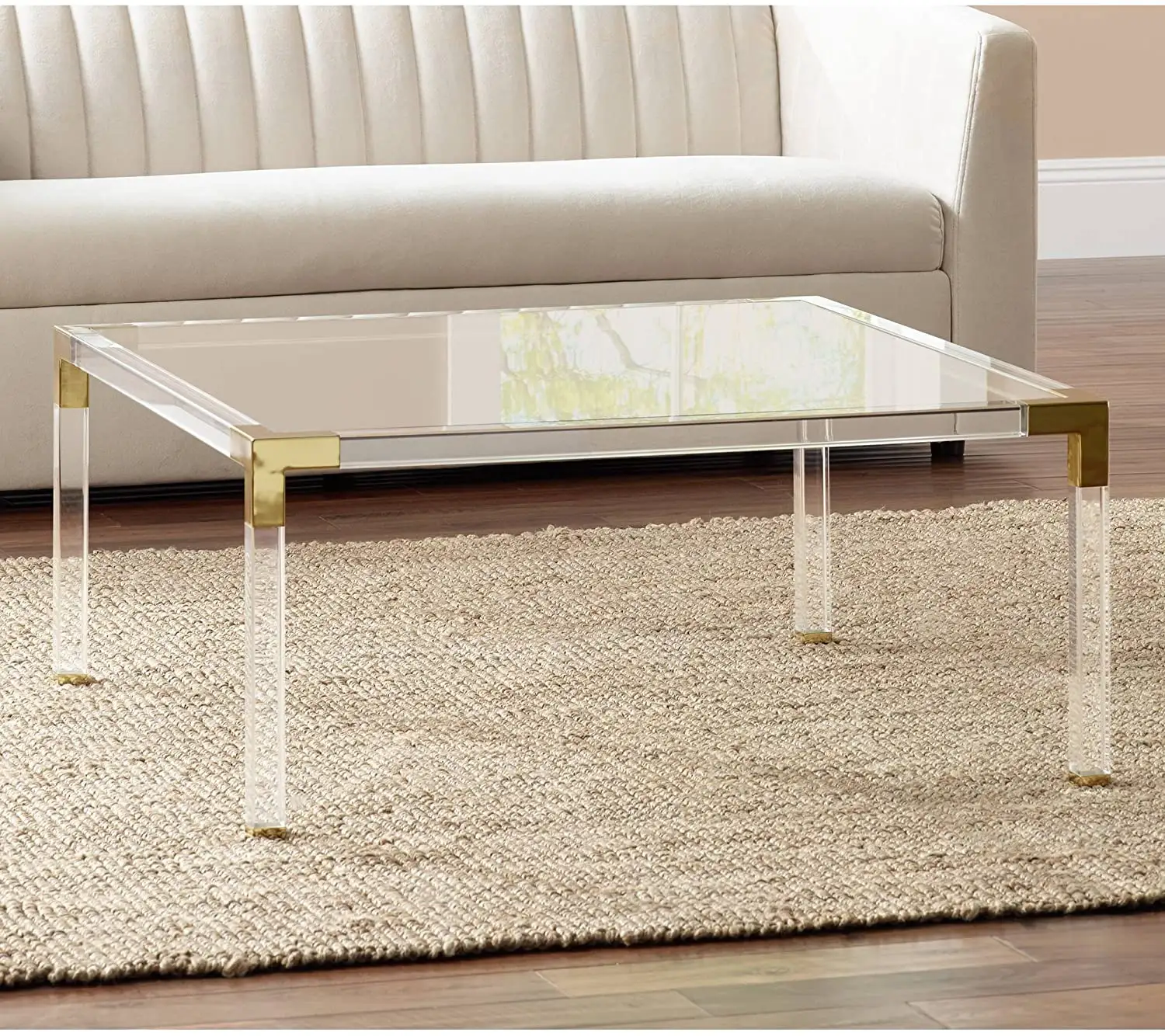 BOSN Square Clear Acrylic Modern Coffee Table Side Table End Table with Gold Finish Corner and Feet