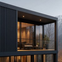 Maison mobile modulaire à ossature en acier avec terrasse et façade ouverte, design inspiré des conteneurs