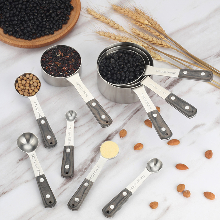 premium 8 pieces stainless steel measuring spoon and measuring cup set with wood handle