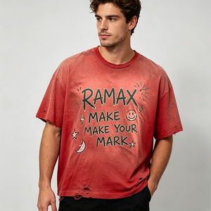 เสื้อยืดโอเวอร์ไซส์ RAMAX สำหรับผู้ชาย ผ้าฝ้าย 100% พิมพ์ลายตัวอักษร ขอบดิบแบบดิสเทรส สไตล์ลำลอง สตรีทแวร์ คอกลม แขนสั้น - Product Image 3