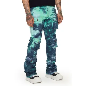 DiZNEW Streetwear kargo yığını kot özel logo renk denim flare pantolon üreticisi toptan kravat boya yığılmış kot erkekler