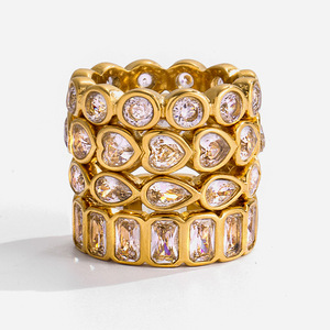 Heart Shape Zircon <b>Ring</b> <b>Set</b> <b>Gold</b> Plated Women's Wedding Jewelry Pave Setting Geometric Design Fashion <b>Rings</b> - Product Image 1