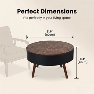 31.5-inch Round Modern Wood Coffee <b>Table</b> with <b>Storage</b> Function Engraved Tabletop for <b>Small</b> Spaces Living Room Furniture - Product Image 4