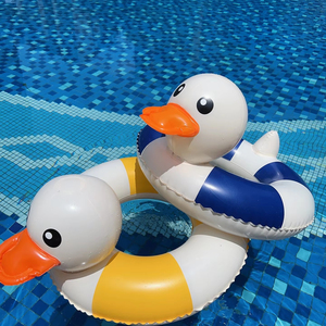 Anillo de natación inflable a granel al por mayor para niños, diseño de flotador de piscina de pato con círculos azules y amarillos, material de PVC - Product Image 2