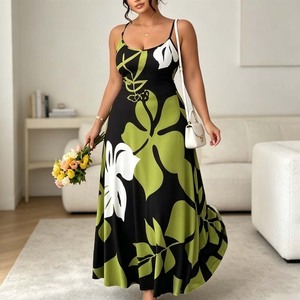 Abito Lungo Estivo da Donna con Spalline Sottili, Stampa Floreale Nera e Verde, Scollo a V, Linea ad A, Senza Maniche, per Vacanze e Occasioni Casual - Product Image 1