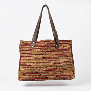 Sac fourre-tout bohème en raphia avec deux poignées en cuir à l'ouverture supérieure, motif rayé, sac à bandoulière grande capacité pour femme, usage quotidien décontracté - Product Image 2