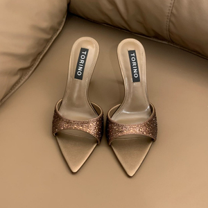 Sandalias de tacón con diamantes de imitación para mujer, estilo mule con punta en pico y tacón de aguja, sandalias deslizantes sexys para novias, fiestas de graduación y eventos nocturnos. - Product Image 3