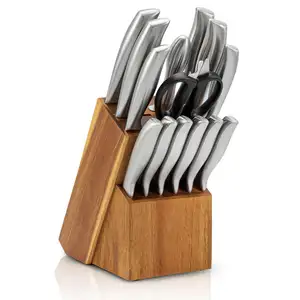 Juego de cuchillos blancos forjados Tang completo clásico Juego de cuchillos de cocina de 17 piezas con bloque de madera y afilador