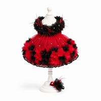 Robe de luxe pour chien rouge et noire, vêtements de fête pour animaux de compagnie, jupe en tulle superposée avec appliques florales 3D, costume de petite robe pour chiot