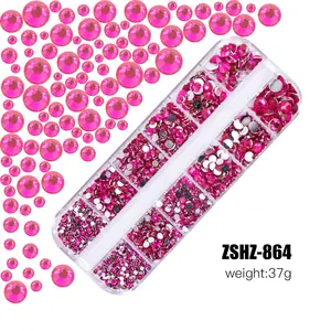 12格多尺寸玻璃指甲水钻混色平背AB水晶Strass 3D魅力粉色红色DIY美甲指甲装饰