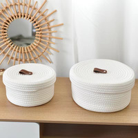 Panier de rangement de bureau tissé en coton de chanvre de coton de couleur unie avec couvercle en cuir pour télécommande de clé de café cosmétique