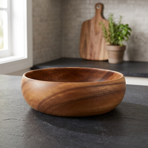 Bol à salade en bois d'acacia naturel, grand, sculpté à la main - Product Image 3